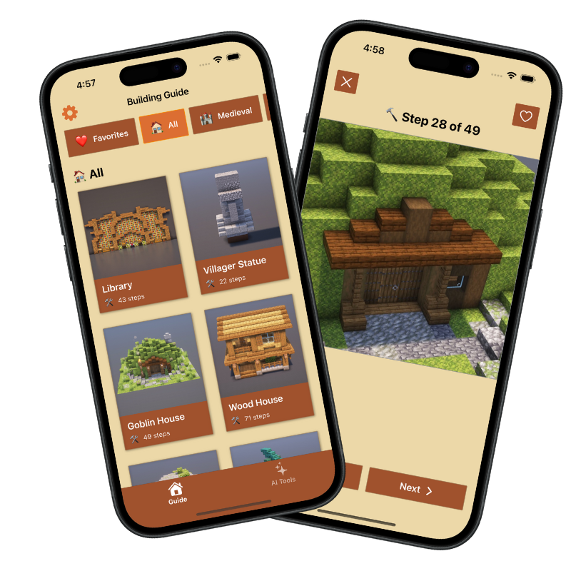 Building Guide for Minecraft app showing step-by-step tutorials, medieval builds, modern houses, and AI builder on iPhone screens